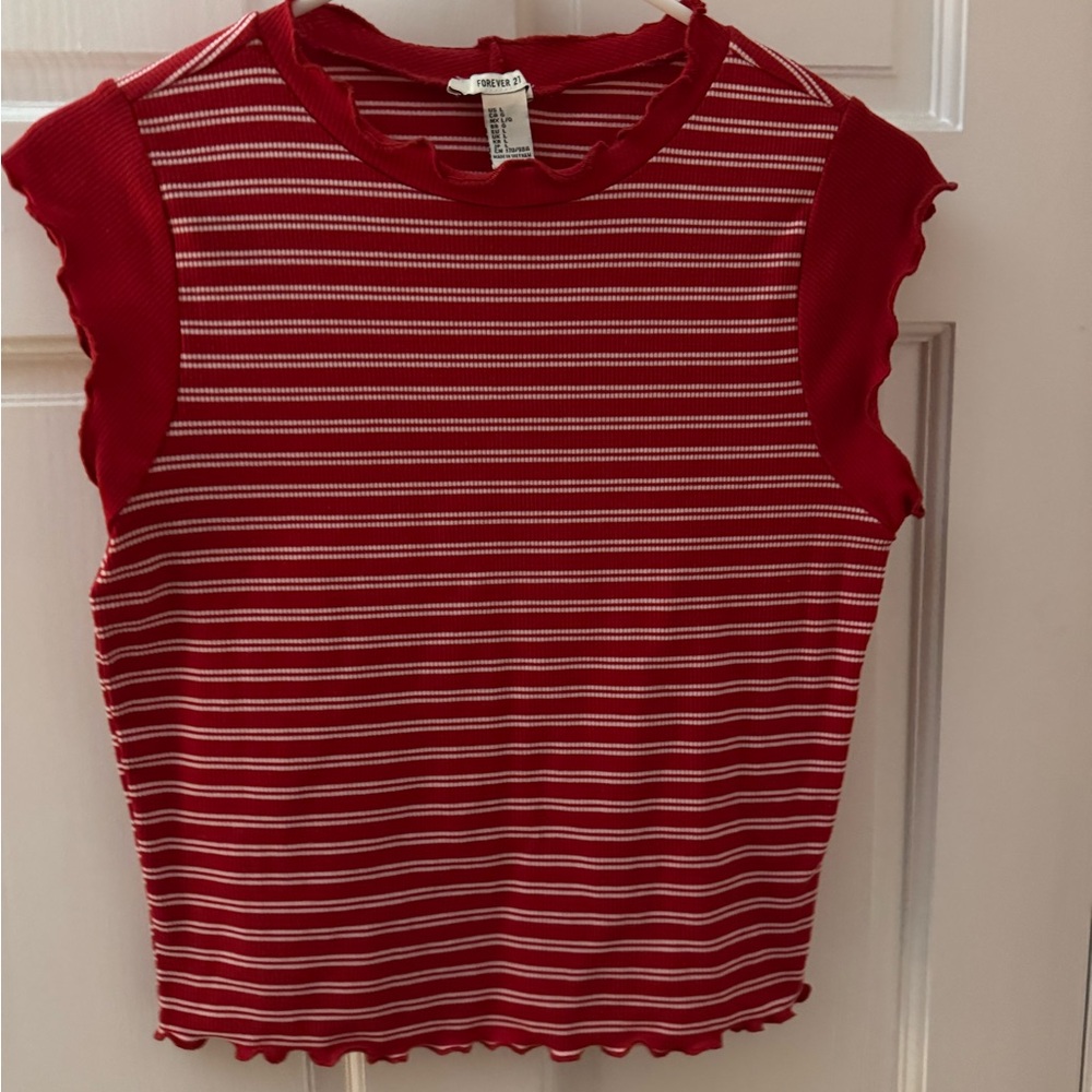 Forever 21 Red & White Striped Lettuce Trim Tank